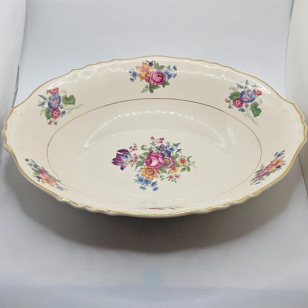 Vintage Syracuse China Federal Shape Oval Serving Bowl Floral Gold Tone Trim 10